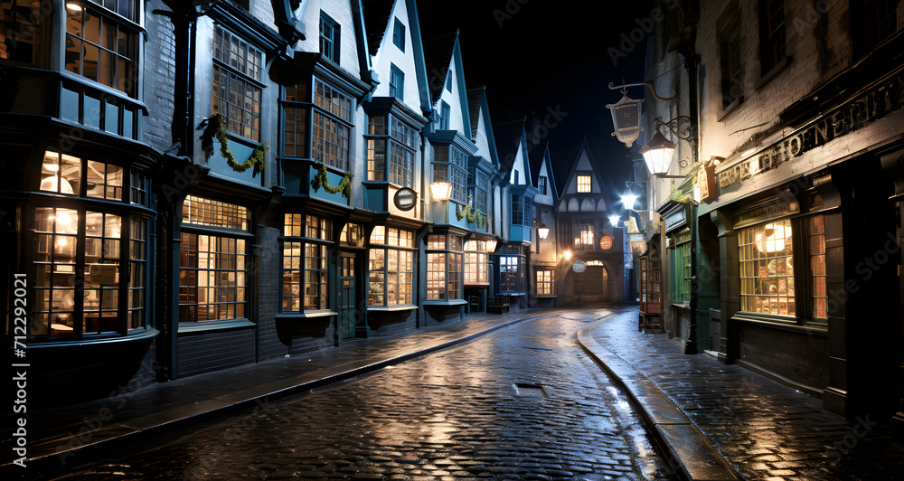 an image of an old fashioned street scene at night