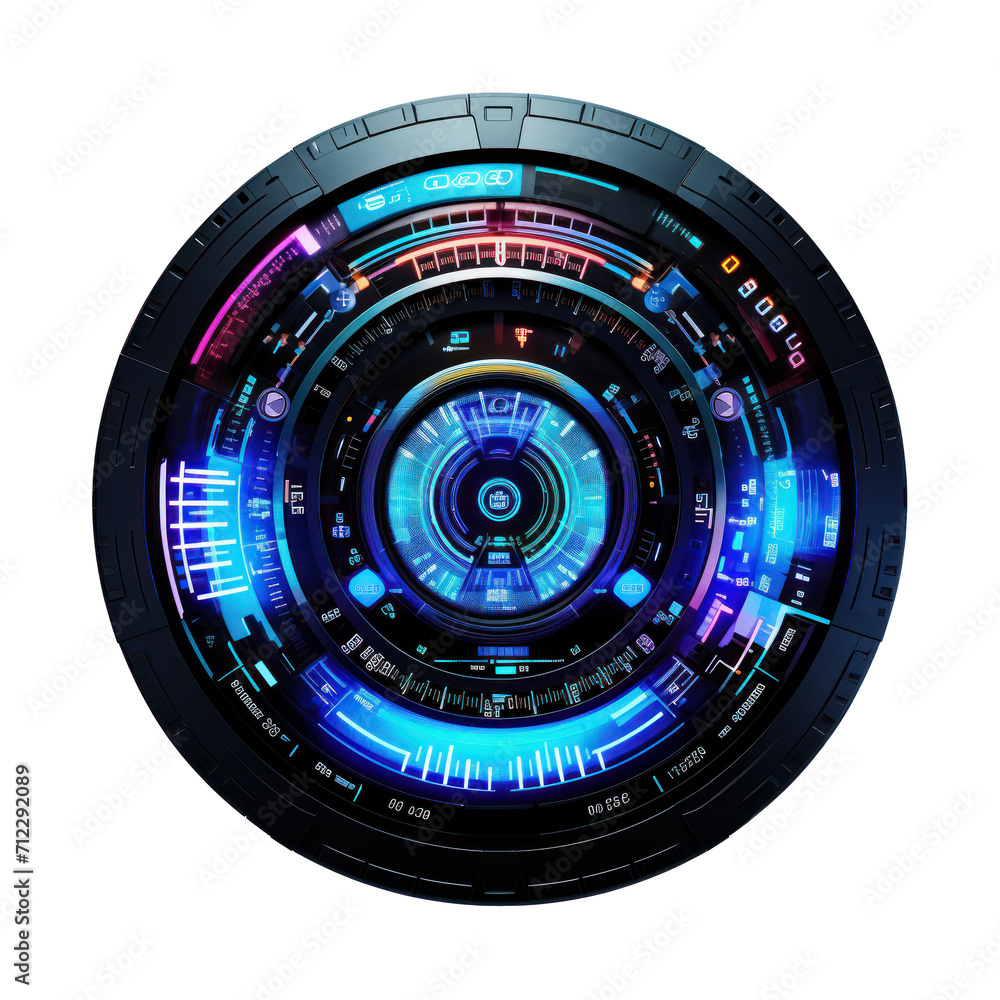 Neon blue hud circular tech element isolated on transparent background Neon blue hud circular tech element isolated on transparent background