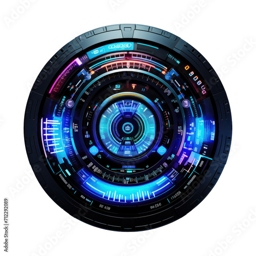 Neon blue hud circular tech element isolated on transparent background