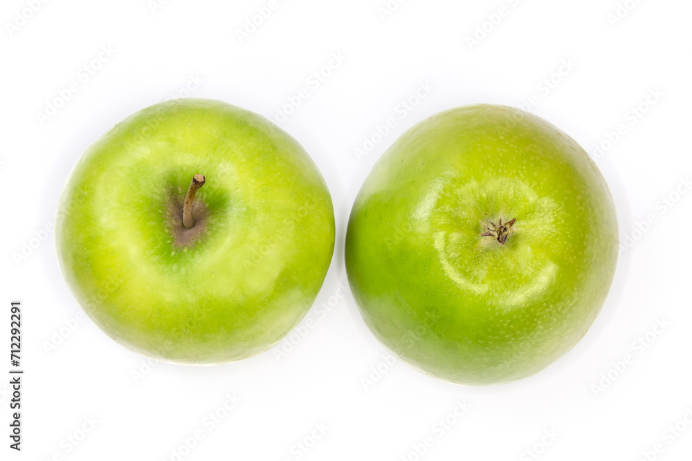Two green apples, top view on a white background Two green apples, top view on a white background
