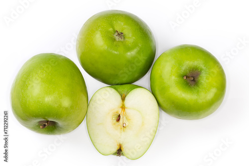 Green apples from different sides and cross-section, top view