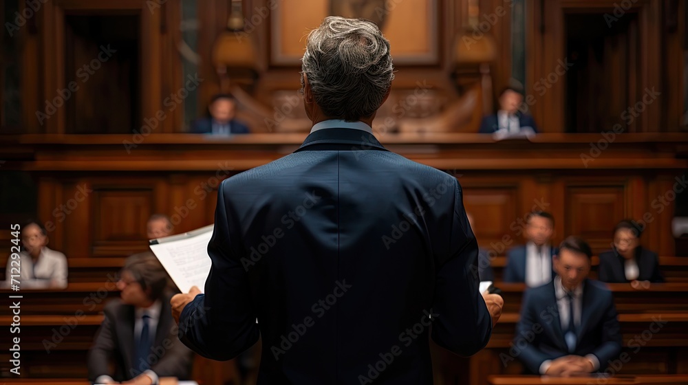 Rear view of a lawyer in a courtroom, confidently holding legal documents, addressing an attentive jury, embodying legal professionalism. Created Using: candid courtroom photography, lawyer in action,