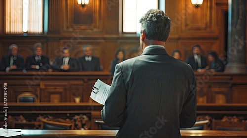 Rear view of a lawyer in a courtroom, confidently holding legal documents, addressing an attentive jury, embodying legal professionalism. Created Using: candid courtroom photography, lawyer in action,