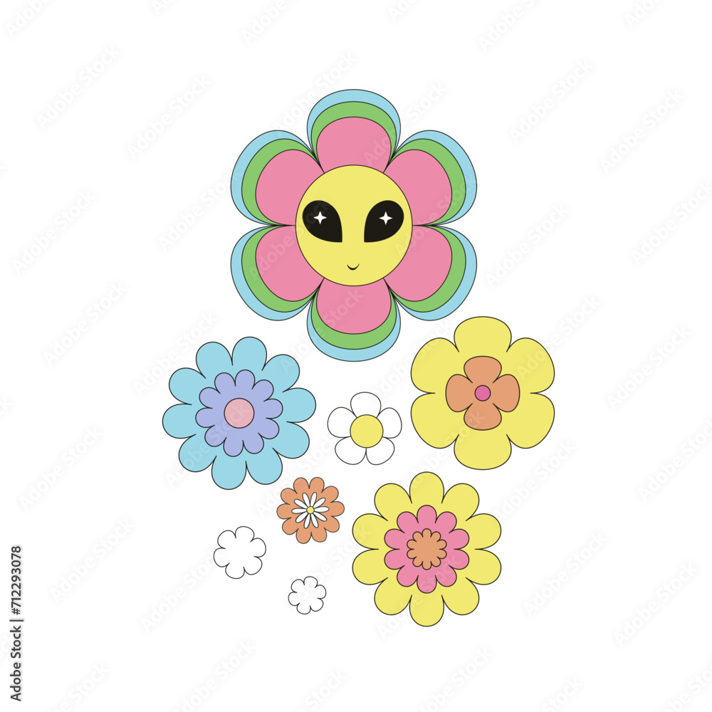 Groovy hippie cartoon character flower with alien eyes vector illustration set isolated on white. Retro 60s 70s 80s space galaxy universe flower power print collection.
