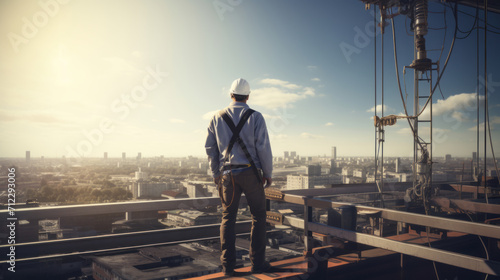 Rear view of a man standing on the top of the building. Construction worker