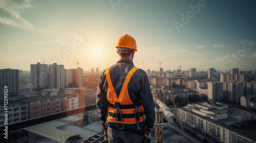 Rear view of a man standing on the top of the building. Construction worker