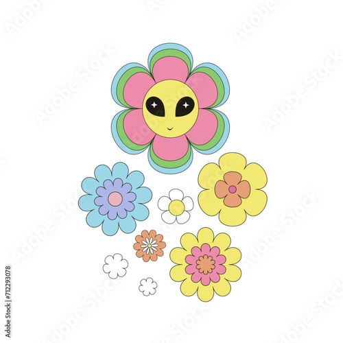 Groovy hippie cartoon character flower with alien eyes vector illustration set isolated on white. Retro 60s 70s 80s space galaxy universe flower power print collection.