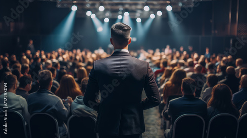 Rear view of motivational speaker standing in front of bunch of people