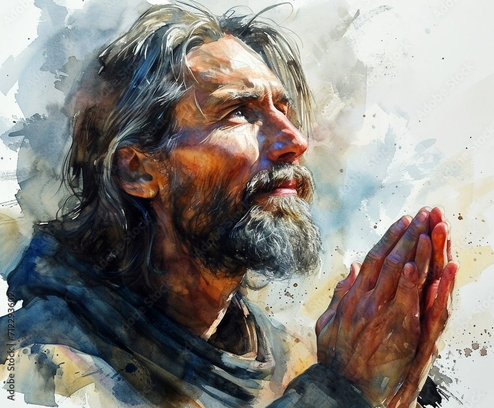 jesus praying, watercolor painting,AI generative