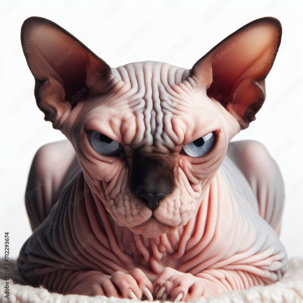 Angry, disgruntled sphinx cat on a white background. ai generative