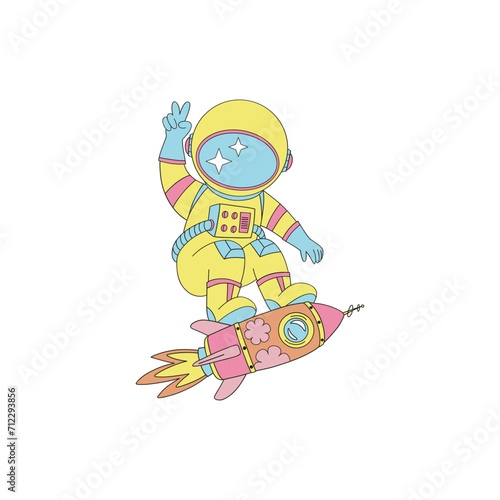 Groovy hippie astronaut in spacesuit on the rocket spaceship vector illustration set isolated on white. Retro 60s 70s 80s space galaxy universe cosmonautics print poster postcard.