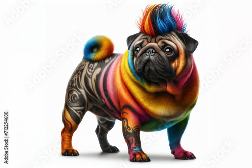 full body pug dog with a color mohawk on his head on a white background. ai generative photo