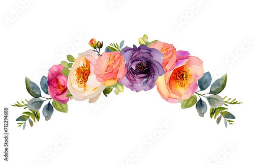 Colorful Flower Crown Front View isolated. Spring floral watercolor wreath photo