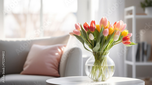 Flower arrangement in vase of pastel coloured tulips in modern lounge