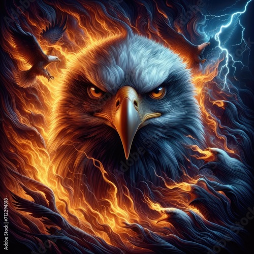 Bald eagle surrounded by flames and lightning