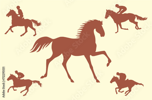 Horse Racing Competition icons. Jockeys on horses galloping on the racetrack. Silhouettes of riders. Horse race competition, video game and tournament poster or banner idea. Editable vector, eps 10. © munir