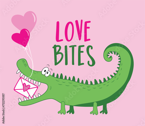 Love bites - funny alligator or crocodile withheart balloons and envelope. Happy Valentine's day! Good for T shirt print, poster, card, label and other gifts desig.