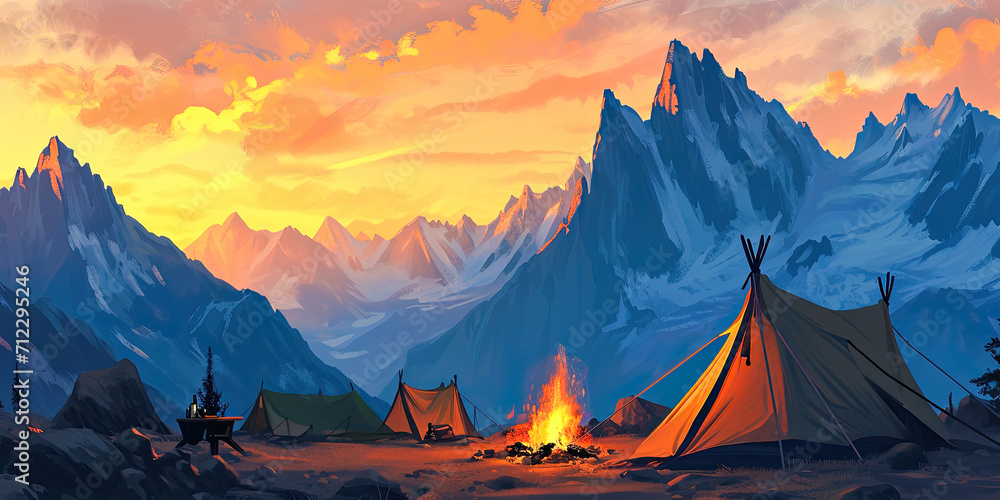  Tent, tenting outdoors living in wilderness exploring adventuring, camp set up, camping illustration background, generated ai

