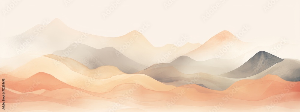 Soft pastel color watercolor abstract brush painting art of beautiful mountains, mountain peak minimalism landscape with peach fuzz lines, panorama banner illustration, white background - obrazy, fototapety, plakaty 