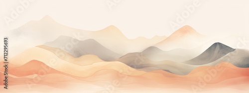 Soft pastel color watercolor abstract brush painting art of beautiful mountains, mountain peak minimalism landscape with peach fuzz lines, panorama banner illustration, white background
