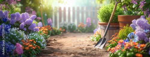 Gardening background with flowerpots in sunny spring or summer garden photo