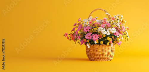 Basket of colourful wildflowers flowers on a yellow spring background © uv_group