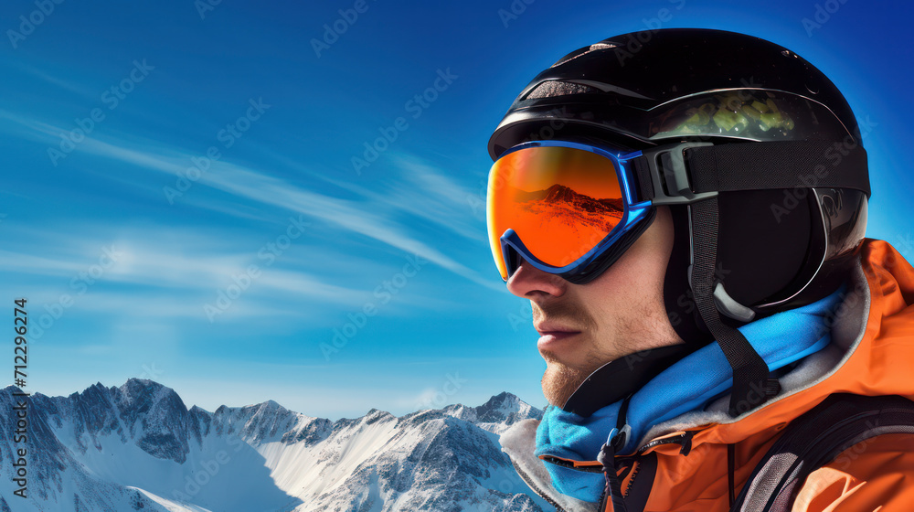 Side profile, Portrait of female, Skier wearing fashionable, goggles and helmet with blue sky and snowy peaks in the background