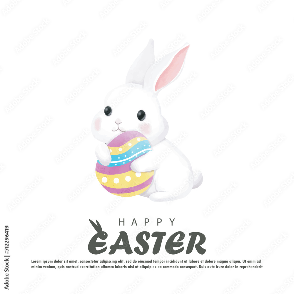 Happy Easter day watercolor. Little Rabbit Bunny cartoon with greeting card. Easter egg festival wallpaper background banner template isolated vector illustration Happy Easter day watercolor. Little Rabbit Bunny cartoon with greeting card. Easter egg festival wallpaper background banner template isolated vector illustration