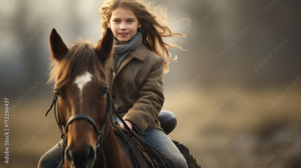 Fototapeta premium Little girl is riding a horse. Against sky with clouds