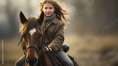 Little girl is riding a horse. Against sky with clouds