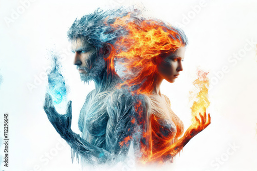 Man and woman made of fire and ice isolated on a white background. ai generative