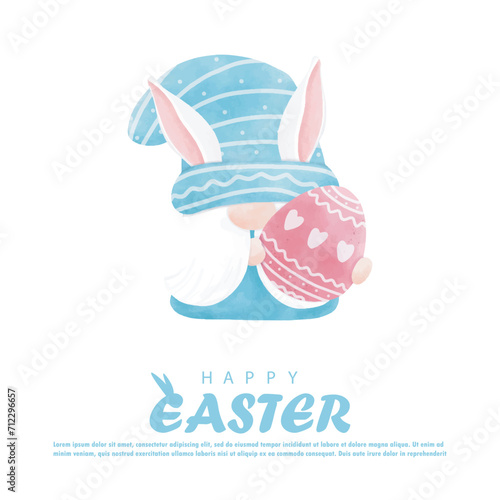 Happy Easter day watercolor. gnome cartoon with Easter egg greeting card wallpaper background banner template isolated vector illustration
