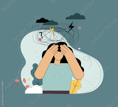 Stress. Post-traumatic syndrome. Grief. The pain of loss. A woman holds her head with her hands and experiences excitement and anxiety