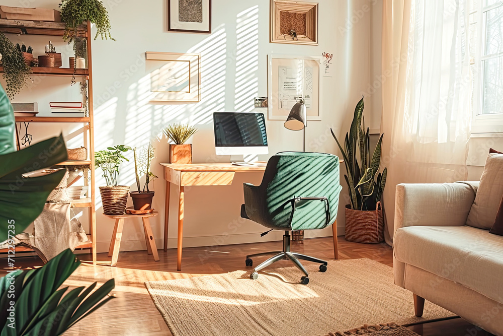 Fototapeta premium Design a minimal sparse cozy and stylish home office setting with warm lighting, comfortable furniture, and plants --ar 3:2 --v 6 Job ID: 3a8e24b8-b51d-4ca6-97ec-494e970a16b6