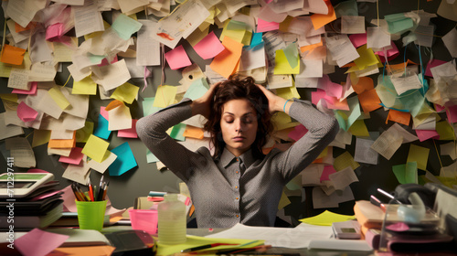 Stressed University student, hands on head in front of wall of revision notes