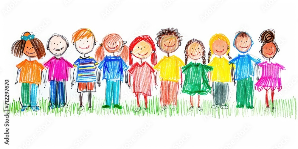 Fototapeta premium Generative AI, Pencil drawn art by child, naive kids illustration of different multiethnic people, diversity concept on white background 