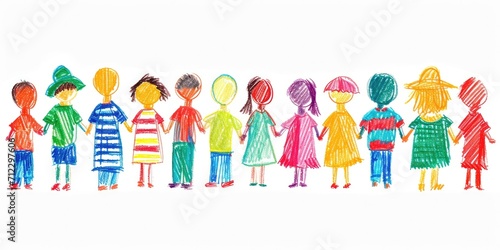 Generative AI, Pencil drawn art by child, naive kids illustration of different multiethnic people, diversity concept on white background	
 photo