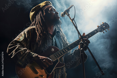 Reggae singer with guitar in dark club