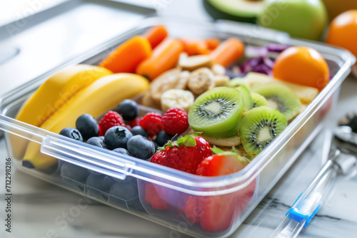 Healthy kids lunch box containing grapes, strawberries, carrot sticks, lettuce and avocado photo