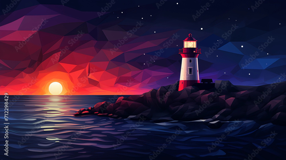 A Lighthouse and Geometric Pattern Sunset Graphic Art Banner