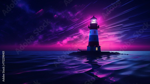 A Lighthouse Set Against a Pink and Violet Sky Lit by Northern Lights Banner