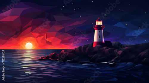 A Lighthouse and Geometric Pattern Sunset Graphic Art Banner