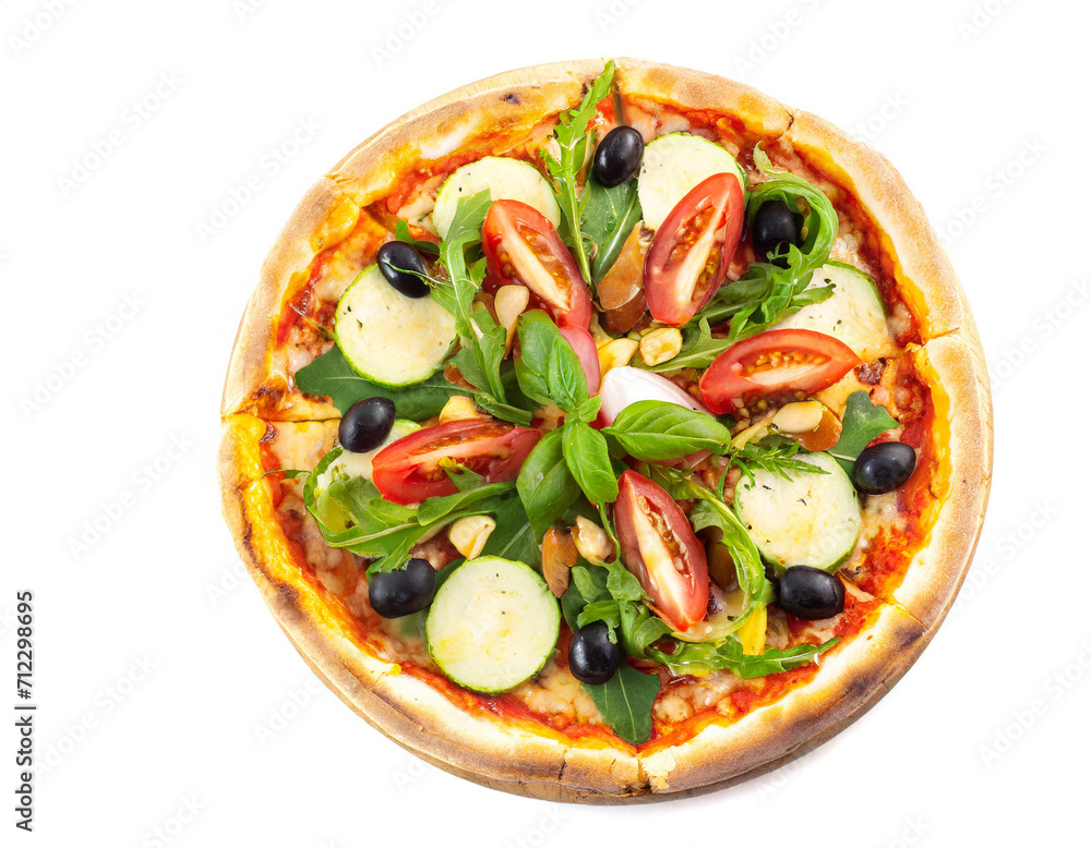 Vegetarische Pizza isoliert auf weißem Hintergrund, Freisteller ,Draufsicht 