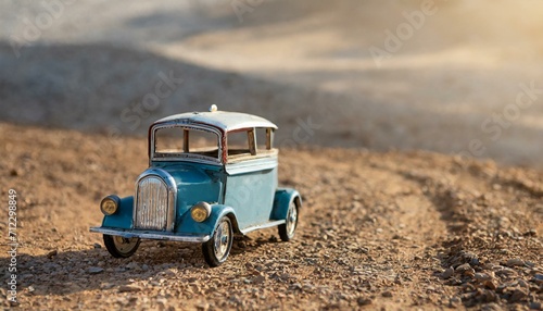 Small vintage style tin car on a dirt road. Old toy car. Collectible vehicle