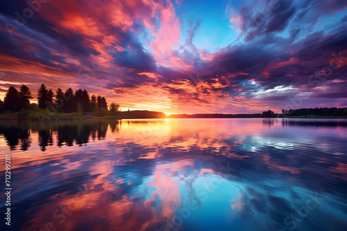 An image of a vibrant sunset over a serene lake, with colorful reflections shimmering on the water