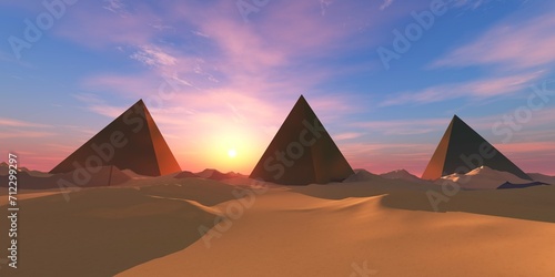 Three pyramids in the sand desert among the dunes at sunset  3D rendering