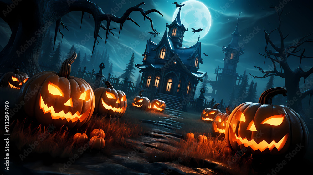 Halloween background with pumpkins and haunted house - 3D render. Halloween background with Evil Pumpkin. Spooky scary dark Night forrest. Holiday event halloween banner background concept