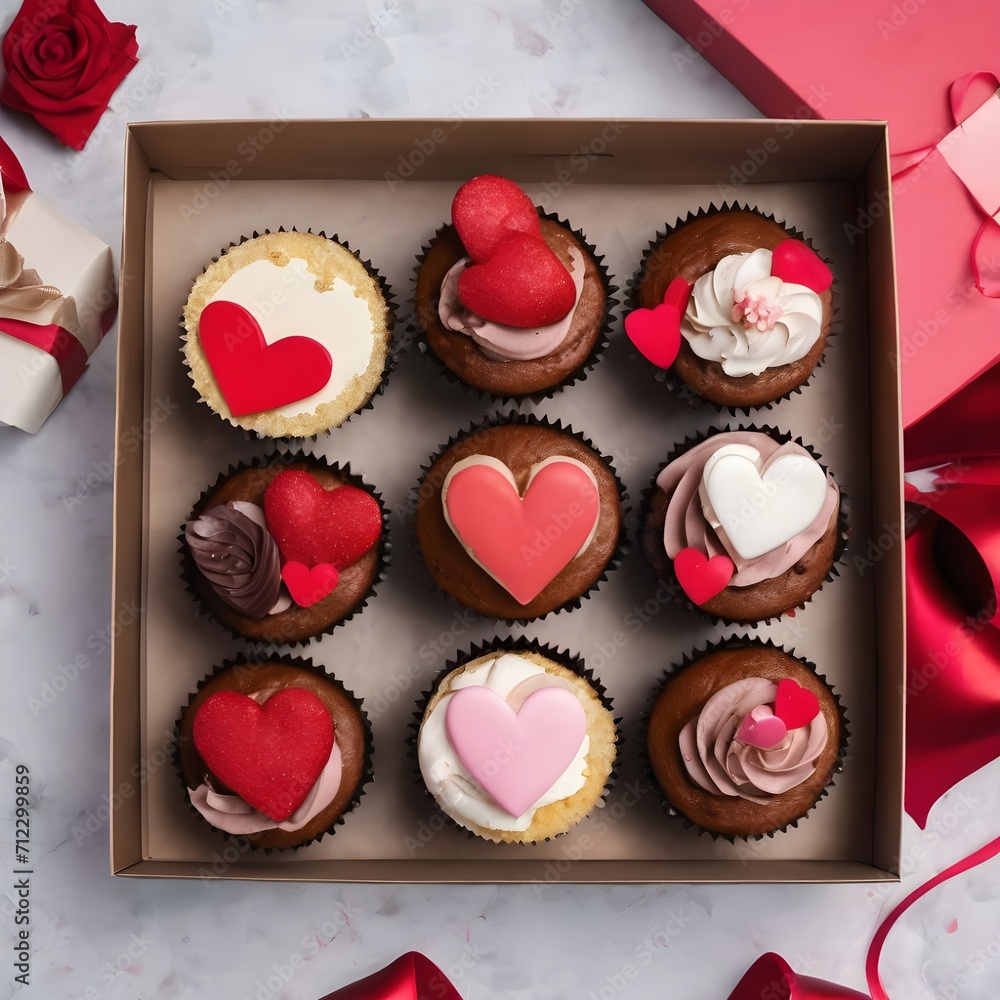 Stone background with top view of Valentine s day greeting card sweet cupcakes and gift box Stone background with top view of Valentine s day greeting card sweet cupcakes and gift box