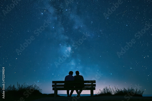 Couple sitting on bench at night looking up at the Milky Way celestial clouds in the sky.