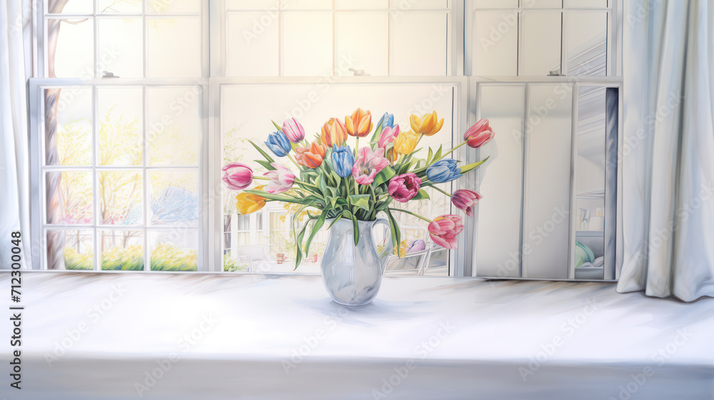 Pastel coloured tulips in vase with bright background Pastel coloured tulips in vase with bright background